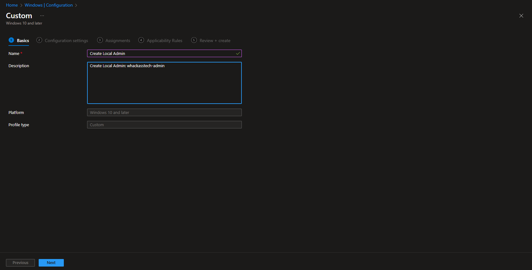 Configuration profile Basics tab with name and description